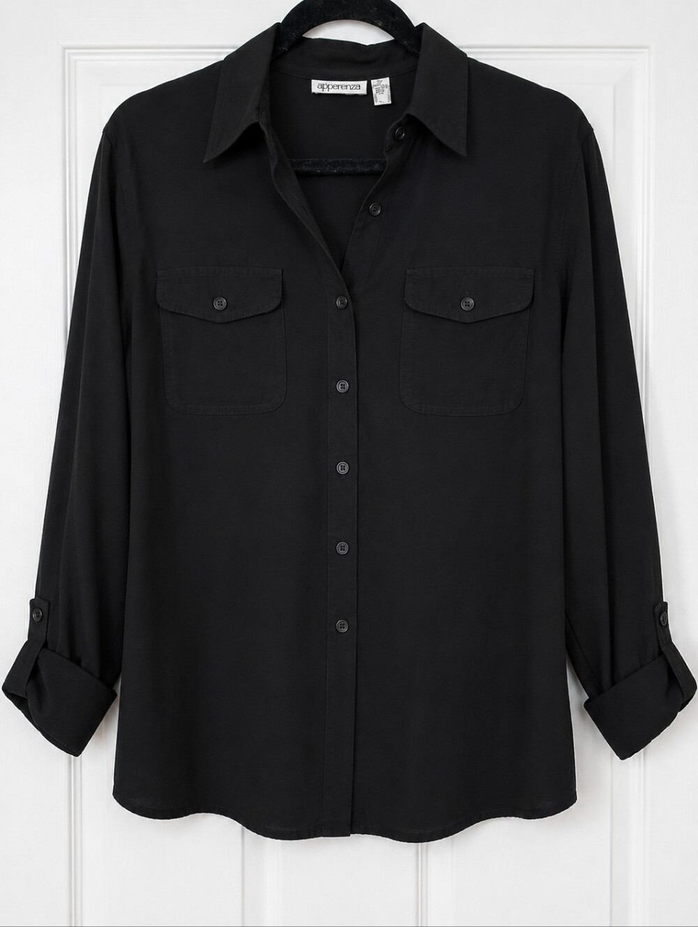 Apperenza Black Button Front Utility Shirt Blouse Long Sleeve